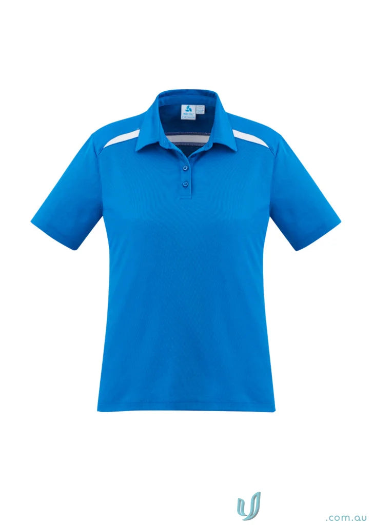 Ladies Sonar Polo blue polo shirt with white shoulder accents from Biz Collection Ladies