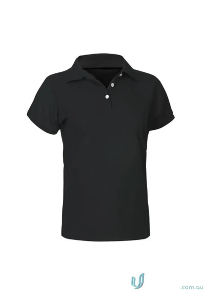 Black short-sleeved polo shirt with white button placket from Ladies Sorrento Polo, perfect for women’s neon style