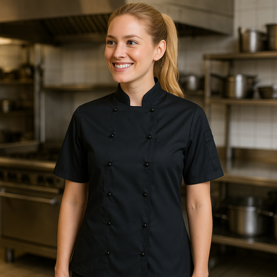 Ladies SS snap button chef jacket with black buttons and stand-up collar