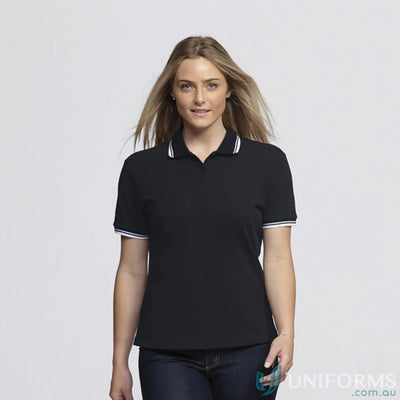 Ladies Stanton Polo in black with white tipped flat knit cotton pique fabric