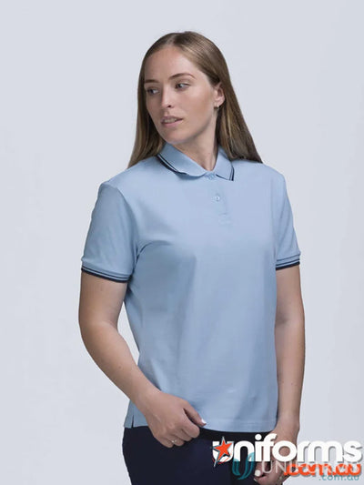 Ladies Stanton Polo in light blue cotton pique with dark tipped flat knit trim