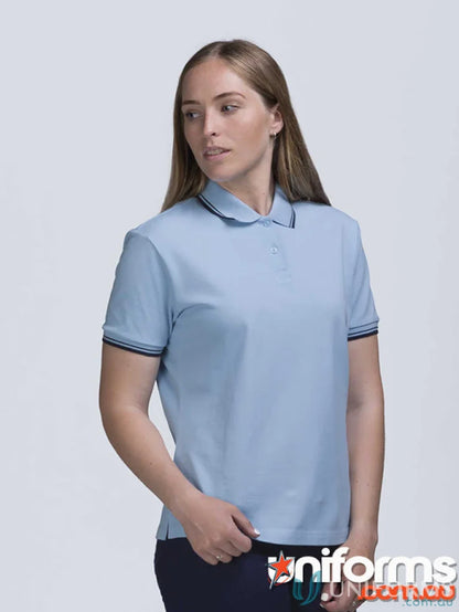 Ladies Stanton Polo in light blue cotton pique with dark tipped flat knit trim