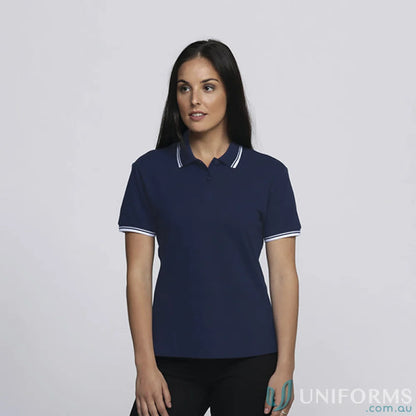 Ladies Stanton Polo in navy cotton pique with tipped flat knit trim