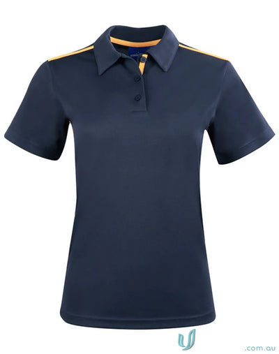 Ladies Staten contrast polo shirt in dark blue with orange trim on collar and shoulders