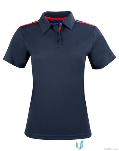 Ladies Staten contrast polo shirt in dark blue with red trim on collar and shoulders