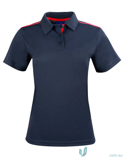 Ladies Staten contrast polo shirt in dark blue with red trim on collar and shoulders
