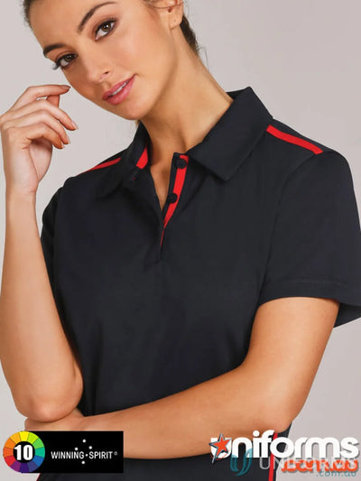 Ladies Staten contrast polo shirt with black and red trim, perfect for casual wear