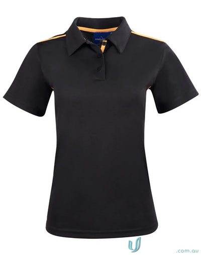 Ladies Staten contrast polo shirt with black color, orange accents, and short sleeves
