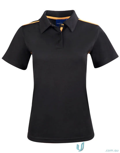 Ladies Staten contrast polo shirt with black color, orange accents, and short sleeves