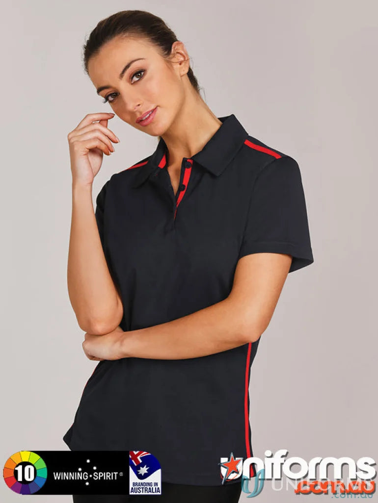 Ladies Staten contrast polo shirt with black and red accents, perfect for sporty style