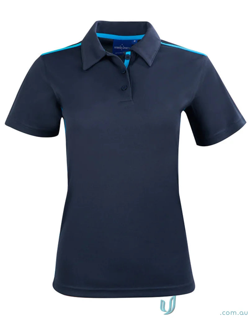 Ladies Staten navy blue contrast polo shirt with light blue accents on collar and shoulders