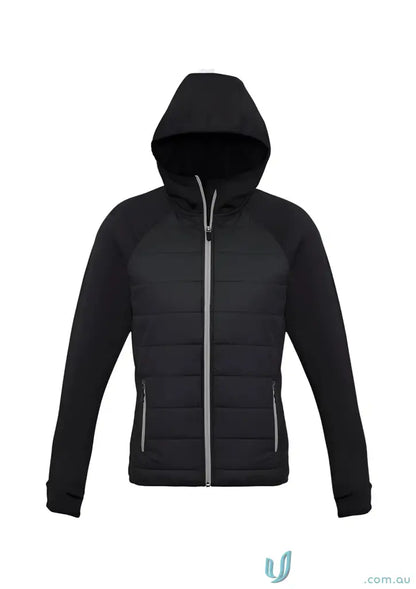 Black hooded puffer jacket from Ladies Stealth Hoodie stealth jacket J515L for biz collection women’s