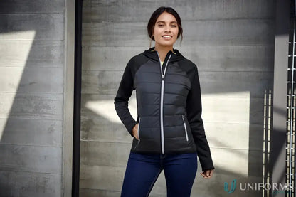 Lady’s black stealth hoodie from Biz Collection women’s stealth jacket j515l featuring a puffer style