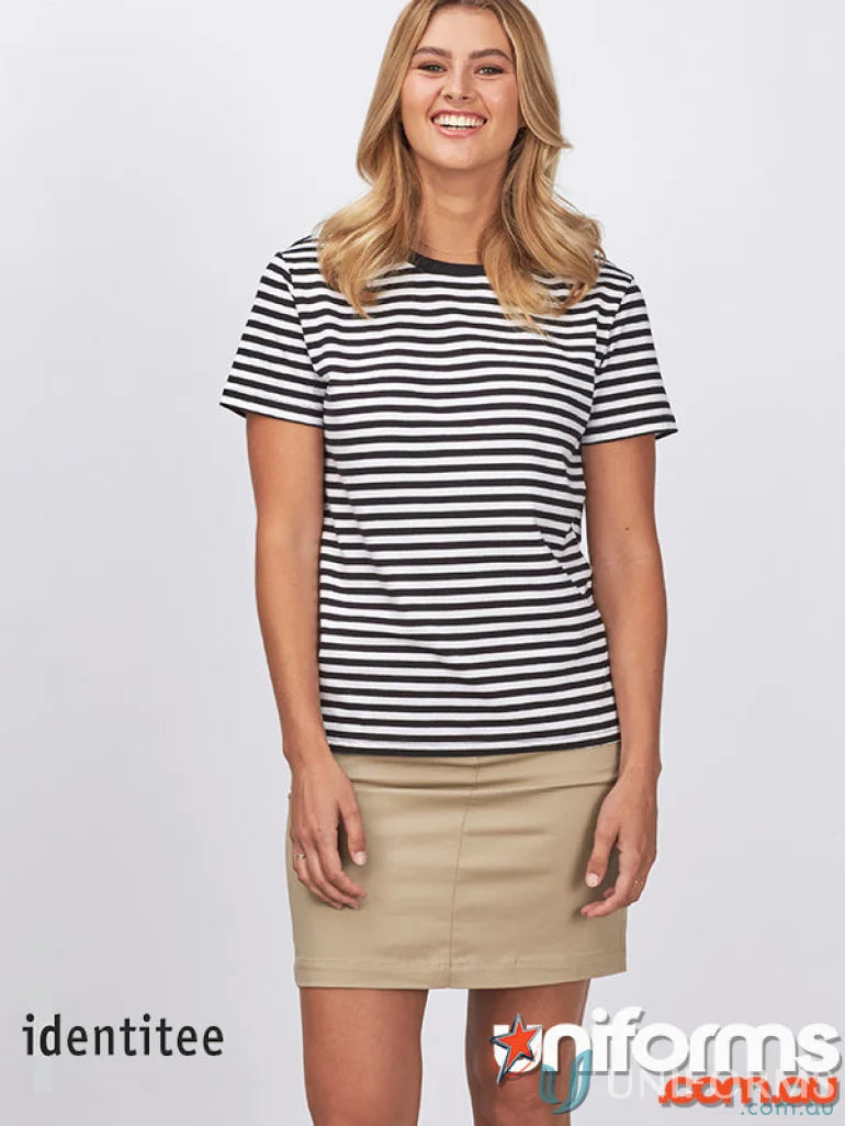 Ladies Stevie striped T-shirt paired with a tan skirt, perfect for workwear or uniforms
