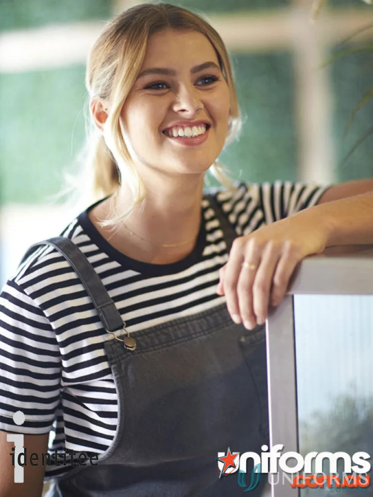 Young woman smiling in Ladies Stevie Stripe T-Shirt, perfect for uniforms and workwear