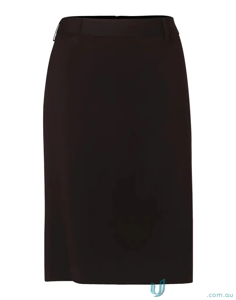 Black knee-length pencil skirt with a subtle sheen, perfect for stylish mid-length pencil looks