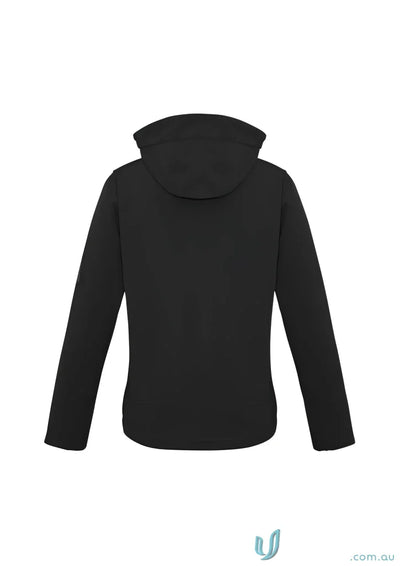 Womens Summit Jacket in biz tech material, stylish black hooded jacket for women