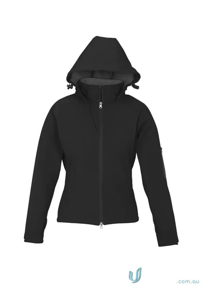Black hooded womens summit jacket in biz tech material, perfect for style and performance