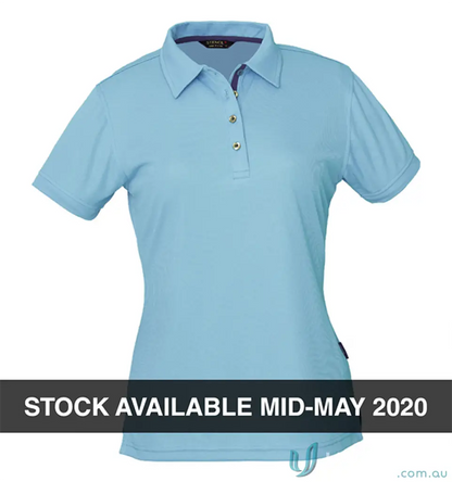 Light blue ladies polo shirt with fabric details and three golden buttons on placket