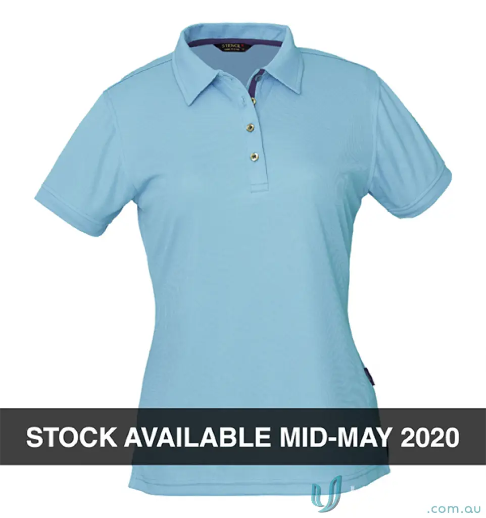 Light blue ladies polo shirt with fabric details and three golden buttons on placket