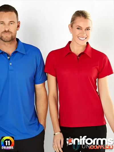 Male and female models wearing Ladies SuperDry Polo shirts in blue and red fabric with stylish plackets