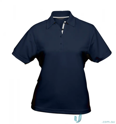 Ladies navy blue polo shirt with white-lined placket, made from comfy fabric