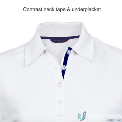 Ladies SuperDry Polo with white fabric, navy contrast neck tape, and placket detail