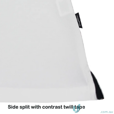 Ladies white polo shirt with side split, black contrast twill tape, and comfy fabric