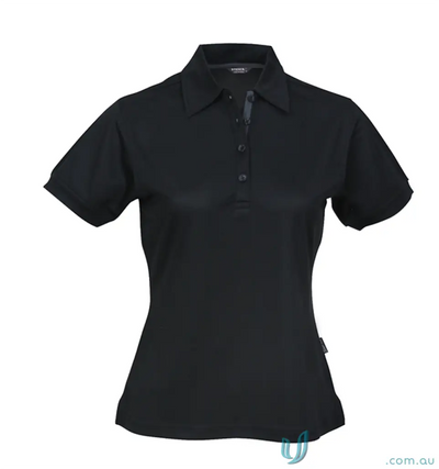 Ladies black short-sleeve polo shirt with four-button placket, soft fabric, stylish fit