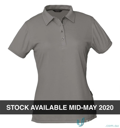 Ladies gray polo shirt with three-button placket made of comfy fabric in the Ladies SuperDry Polo