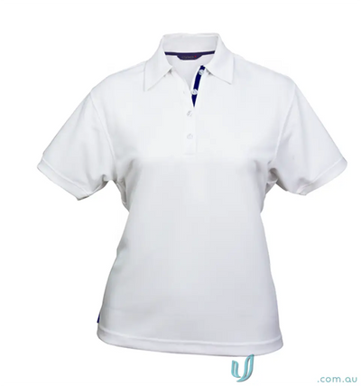 Ladies white short-sleeve polo shirt with dark blue placket, soft fabric style