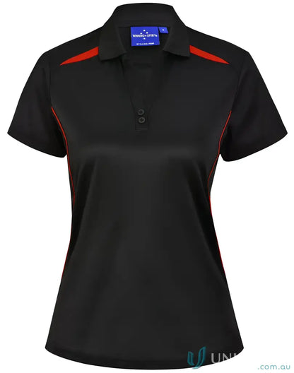 Black and red ladies contrast polo shirt with sustainable fabric and sun protection tech
