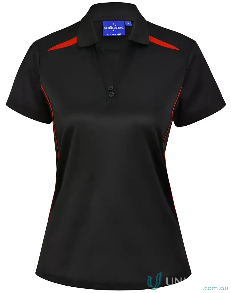 Black and red ladies contrast polo shirt with sustainable fabric and sun protection tech