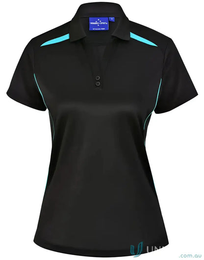 Ladies contrast polo with black and turquoise, sun protection tech for sustainable ladies