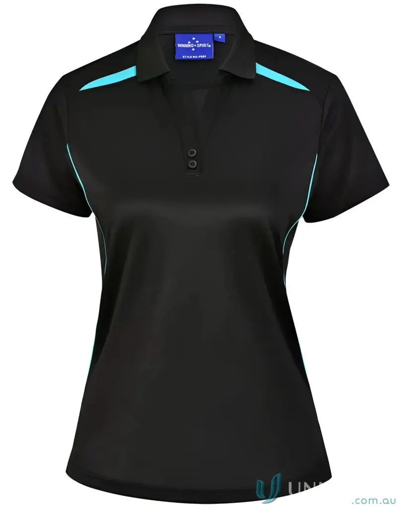 Ladies contrast polo with black and turquoise, sun protection tech for sustainable ladies