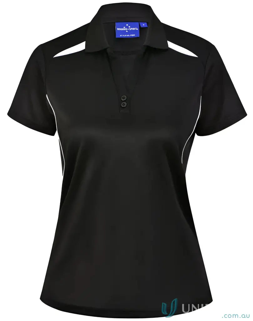 Black women’s ladies contrast polo with white trim featuring sustainable sun protection tech