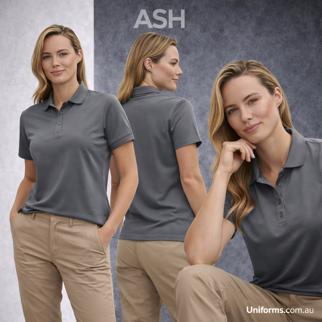 Ash grey ladies corporate polo shirt, sustainable short sleeve front
