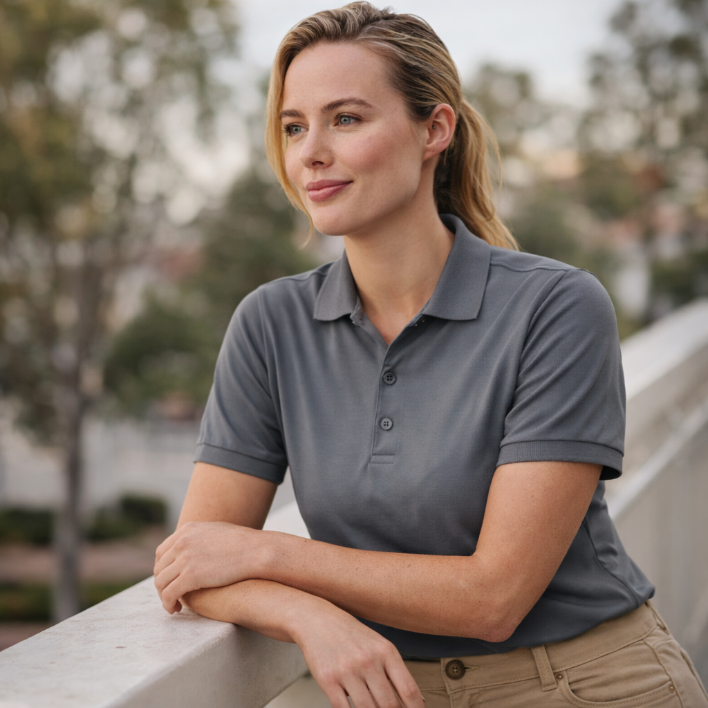 Gray short-sleeved sustainable ladies corporate polo shirt front view