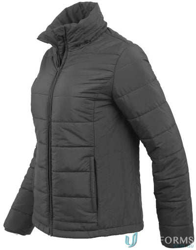 Gray quilted ladies 3d cut sustainable insulated puffer jacket made from recycled PET