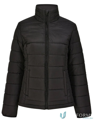 Black ladies 3D cut sustainable insulated puffer jacket made from recycled pet fibers
