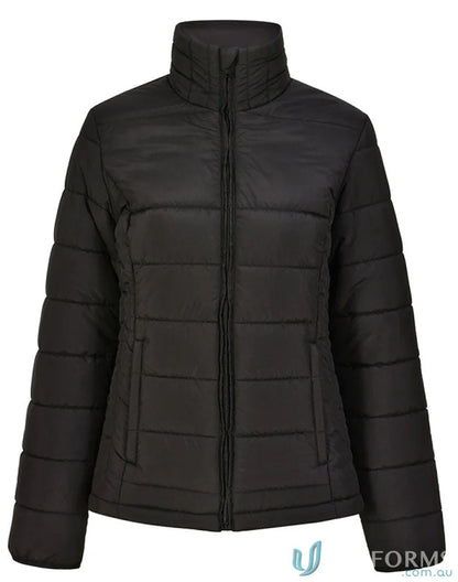 Black ladies 3D cut sustainable insulated puffer jacket made from recycled pet fibers