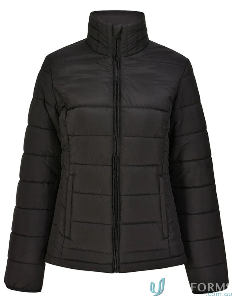 Black ladies 3D cut sustainable insulated puffer jacket made from recycled pet fibers