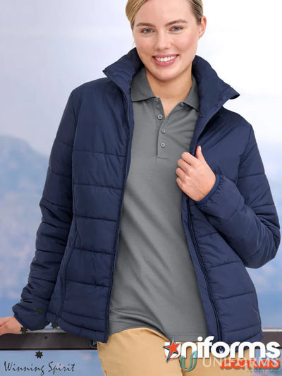 Navy blue ladies 3D cut sustainable insulated puffer jacket made from recycled PET