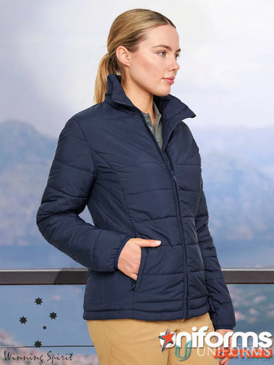 Navy blue ladies 3D cut sustainable insulated puffer jacket made from recycled PET