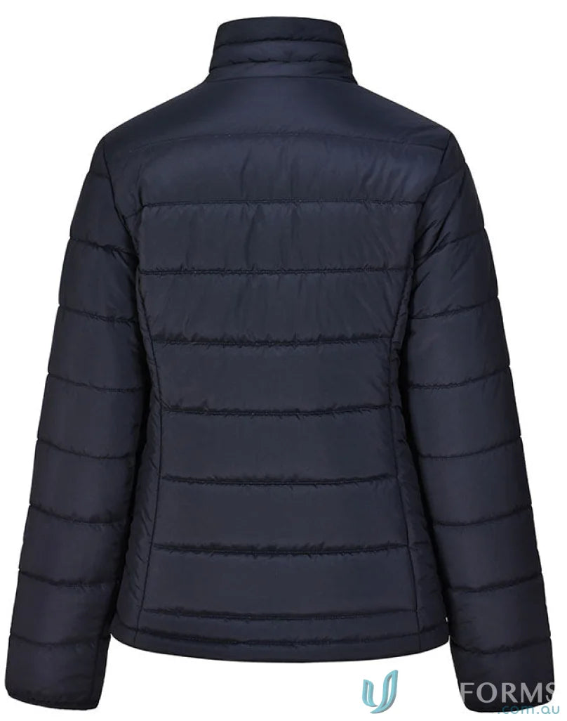 Navy blue ladies 3D cut sustainable insulated puffer jacket made from recycled PET