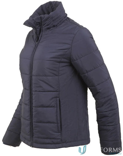 Navy blue ladies 3D cut sustainable insulated puffer jacket made from recycled PET