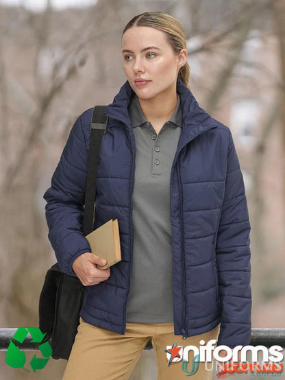 Navy blue ladies 3D cut sustainable insulated puffer jacket made from recycled PET