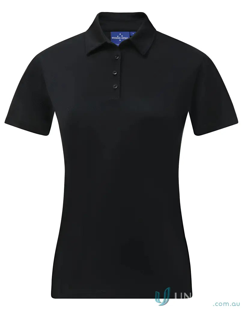 Black women’s polo shirt in ladies sustainable jacquard double knit fabric