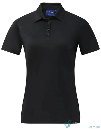 Black women’s polo shirt from Ladies Sustainable Jacquard Knit collection, jacquard double knit style