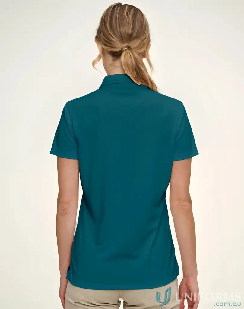 Teal ladies sustainable jacquard knit polo shirt made with jacquard double knit fabric